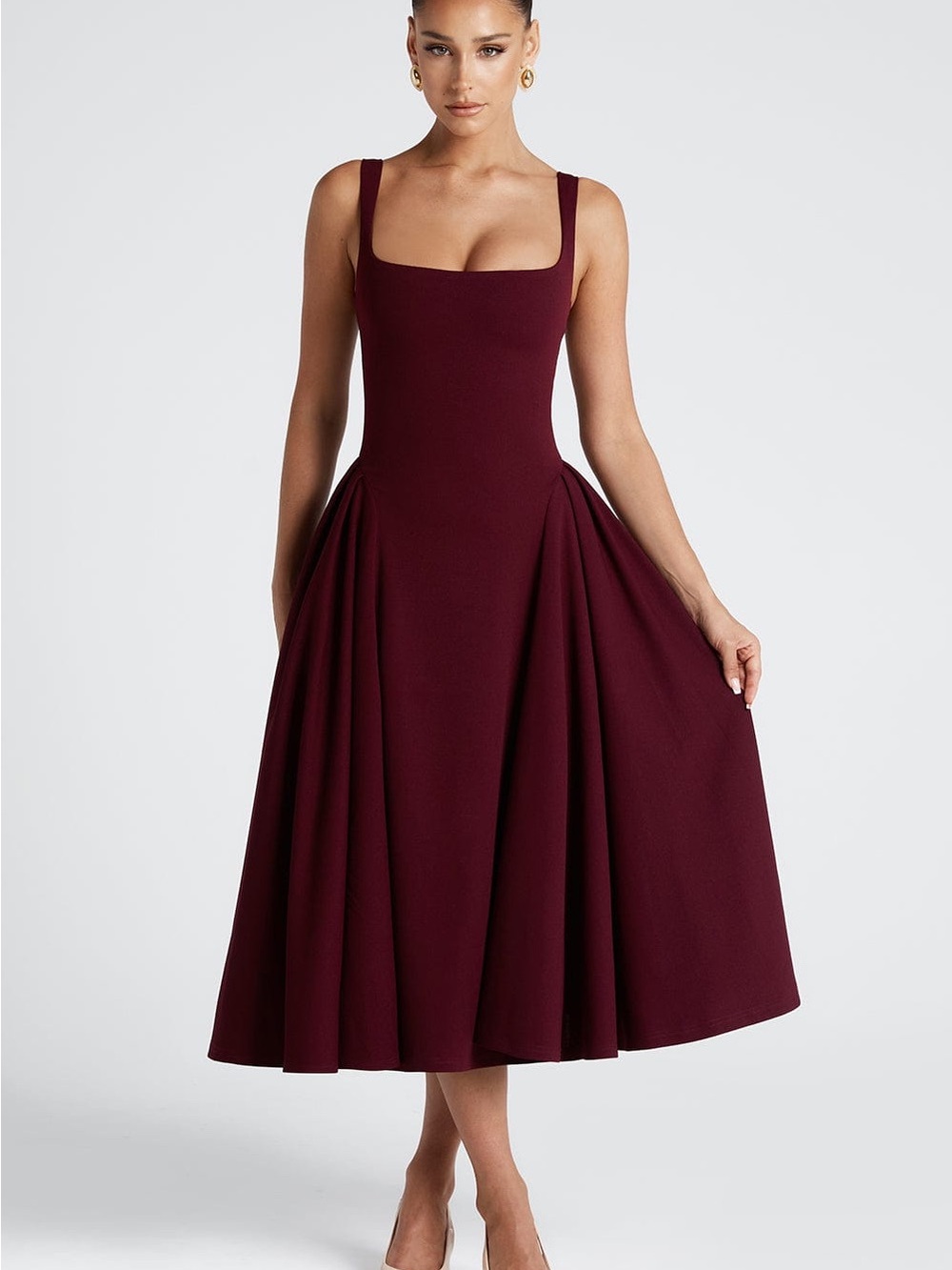 Women's Burgundy Midi Dress with Square Neck